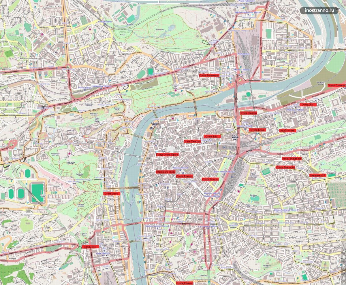 Карта Праги с отелями