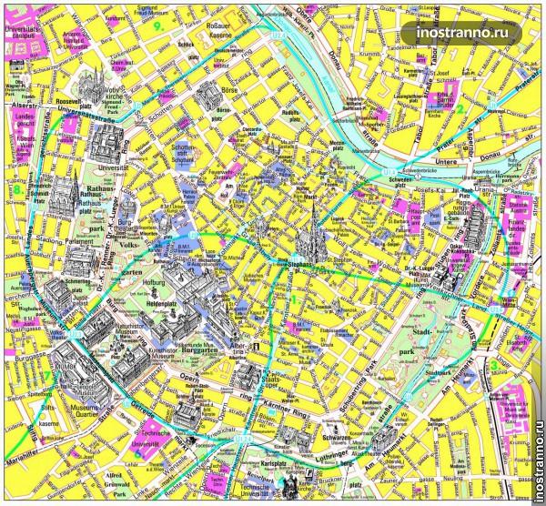 Карта Вены с достопримечательностями на русском