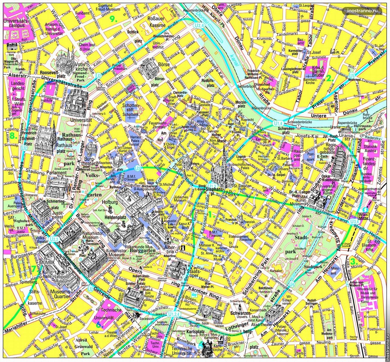 Карта Вены с достопримечательностями на русском