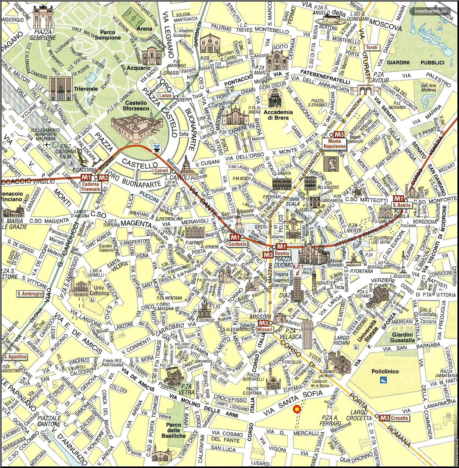 Карта достопримечательностей Милана