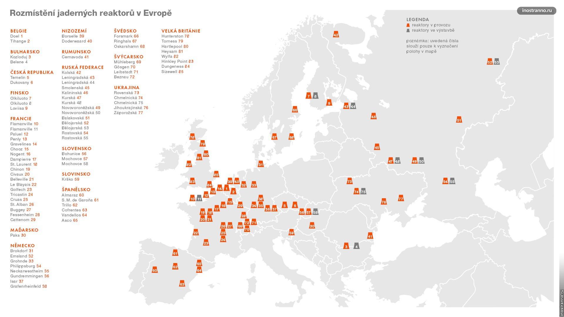 Карта атомные электростанции Европы