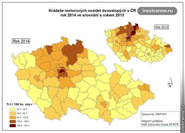 Карта Чехии по автомобильным кражам