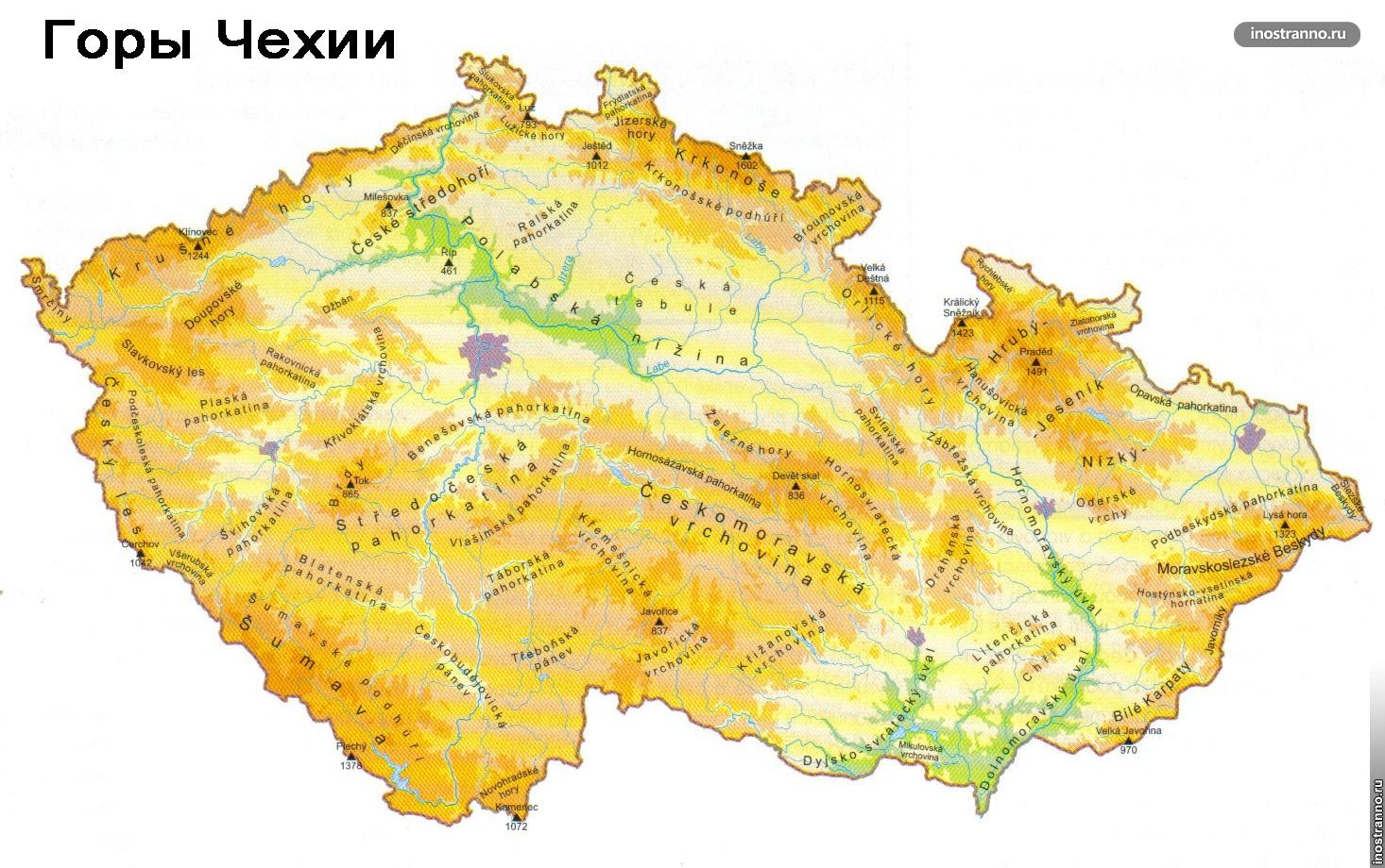 Карта Чехии с горами и курортами