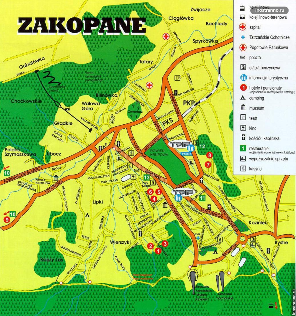 Карта Закопане с достопримечательностями на русском языке
