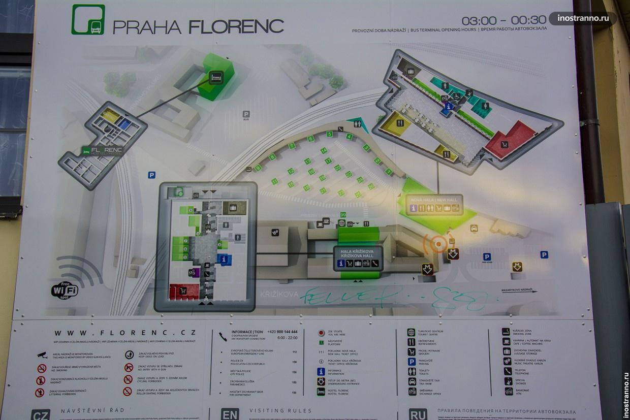 Автовокзал Флоренс в Праге карта