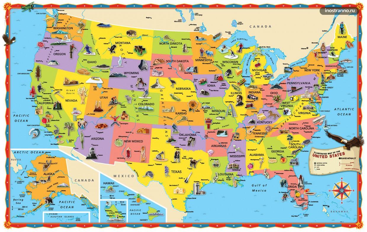 Карта США с достопримечательностями