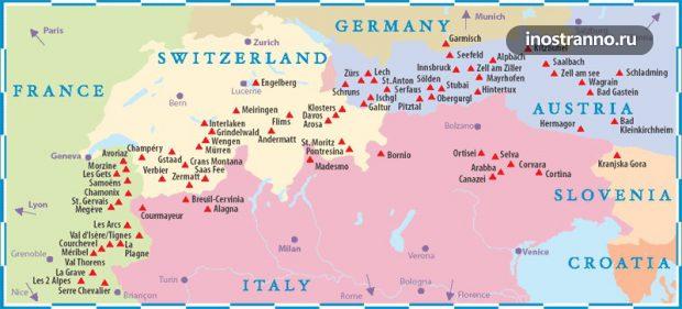 Карта лыжных курортов Европы