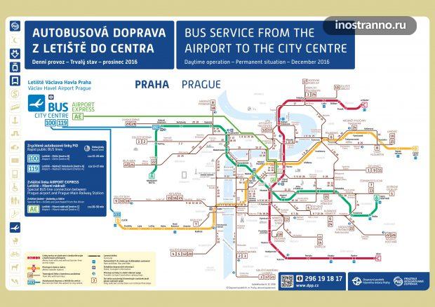 Карта автобусных маршрутов и метро из аэропорта Праги