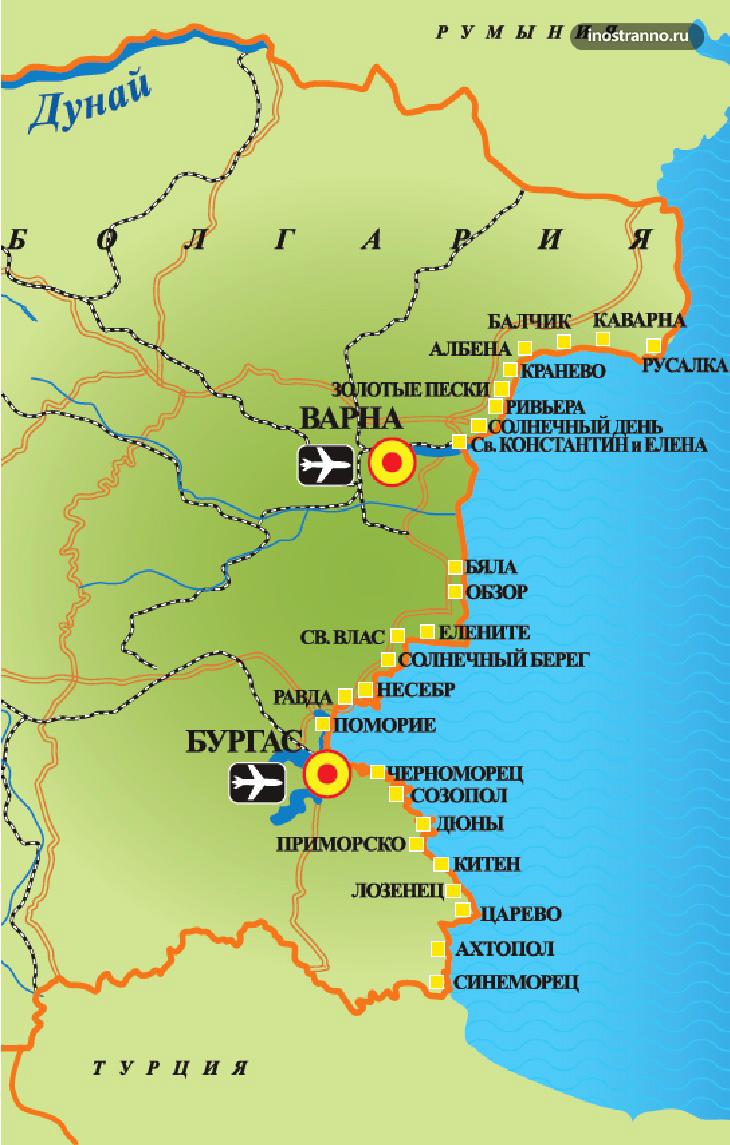 Карта пляжей и курортов Болгарии на русском языке
