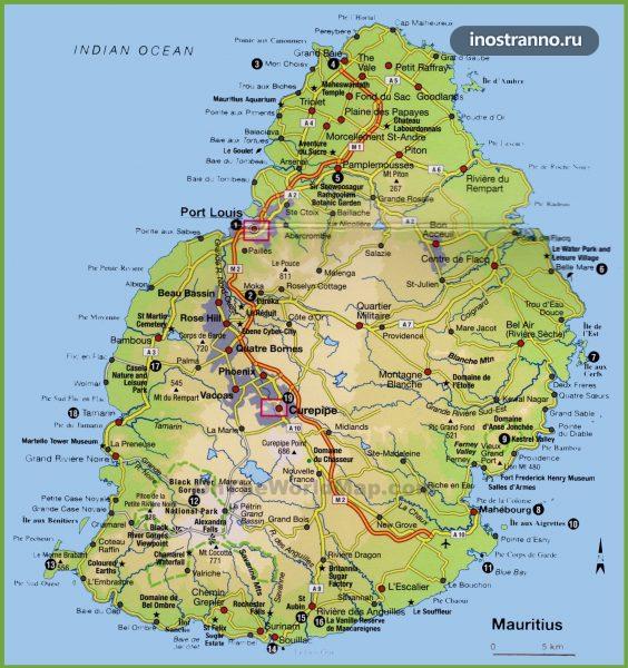 Карта Маврикия с городами и пляжами