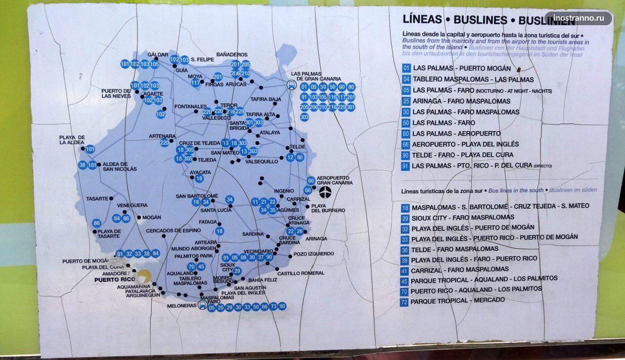 Карта маршрутов автобусов на Гран-Канарии
