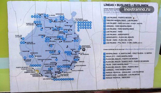 Карта маршрутов автобусов на Гран-Канарии