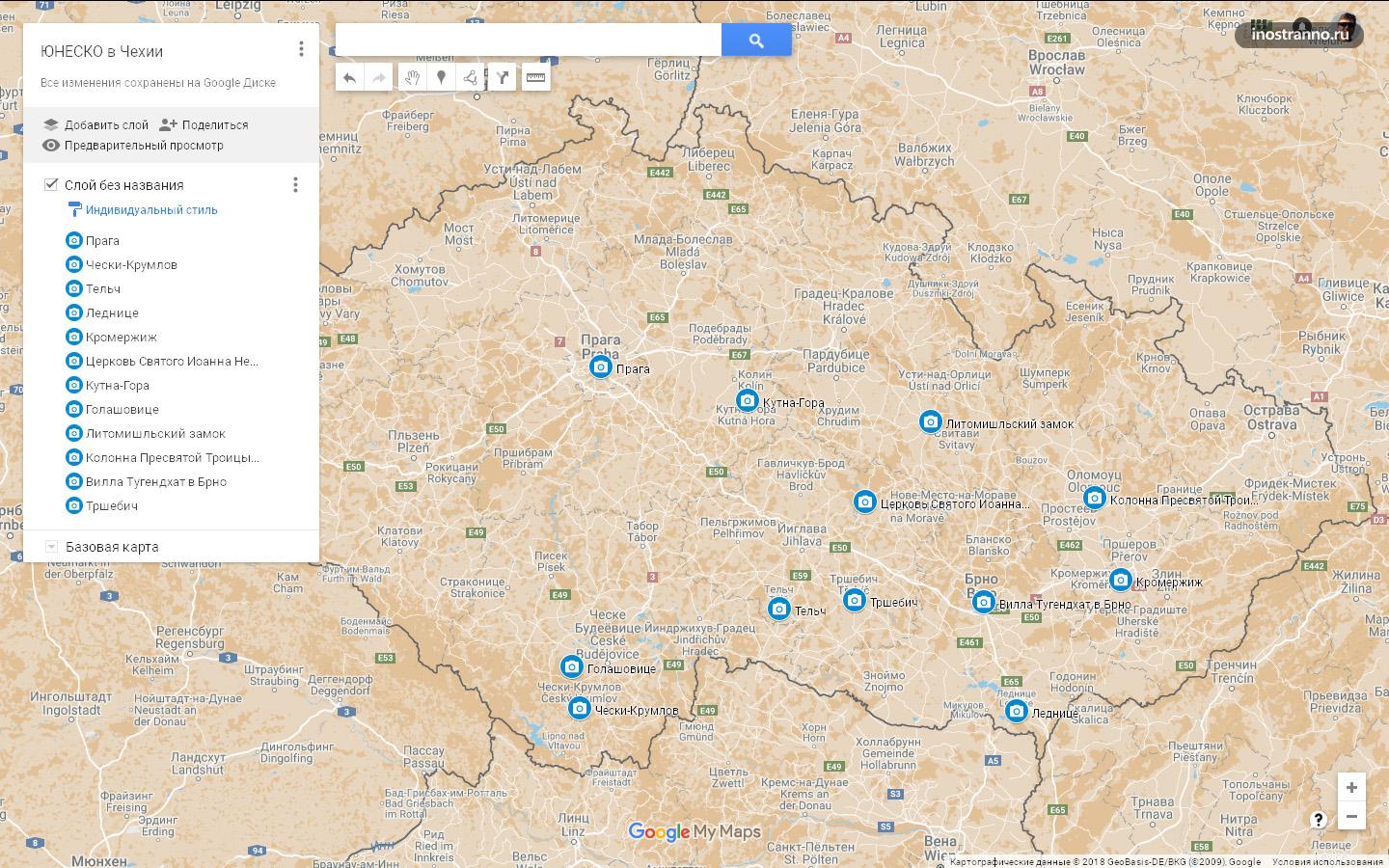 Карта объектов Юнеско в Чехии