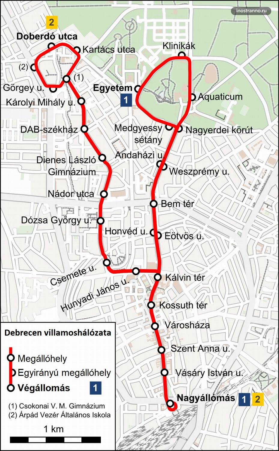 Трамвай Дебрецена карта и схема маршрутов