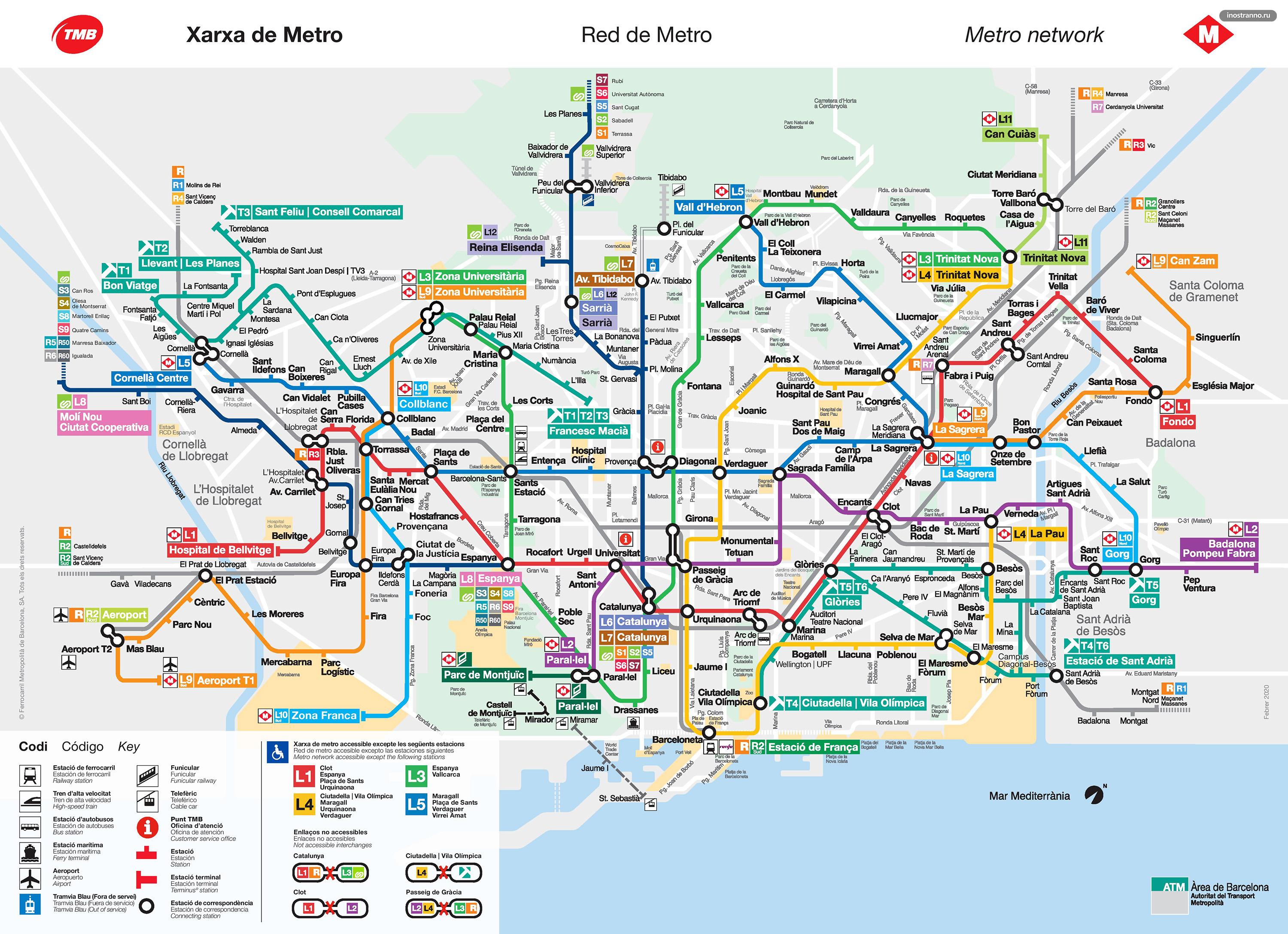 Карта схема метро, электричек и трамваев Барселоны