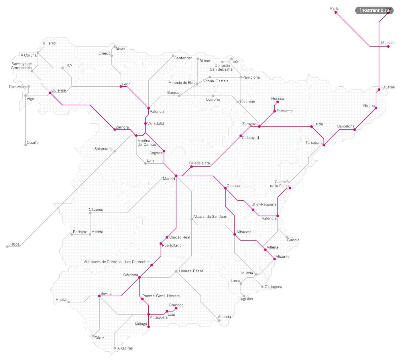 Карта железных дорог Испании